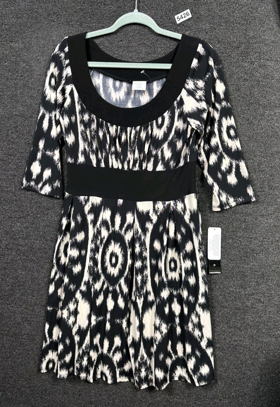 Tiana B Shift Dress Womens Size M Black & Ivory Geometric 3/4 Sleeve Casual NEW
